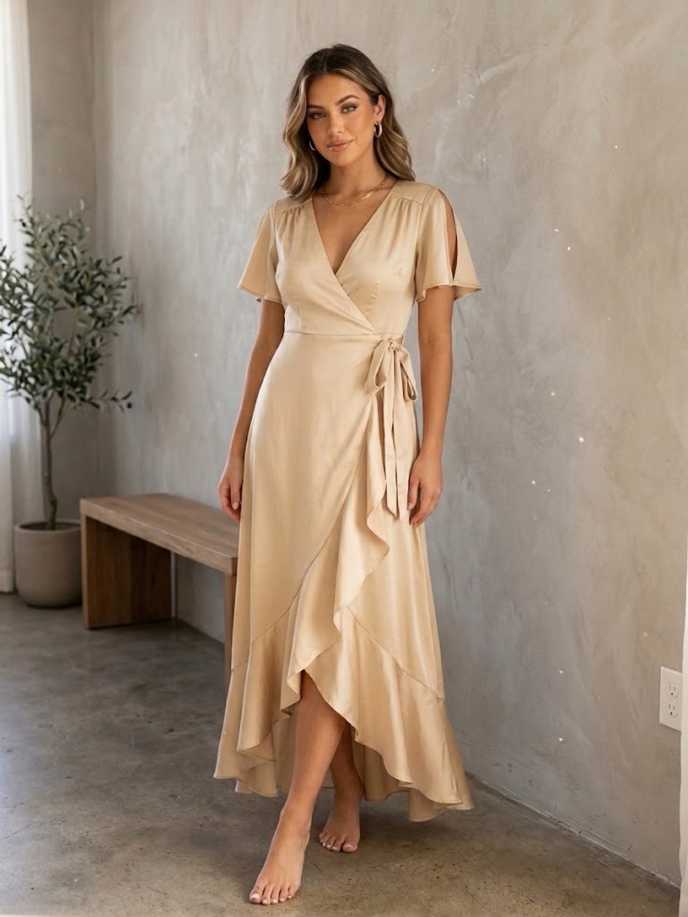 Altar'd State Champagne Faux Wrap Maxi Dress Small Wedding Guest Formal